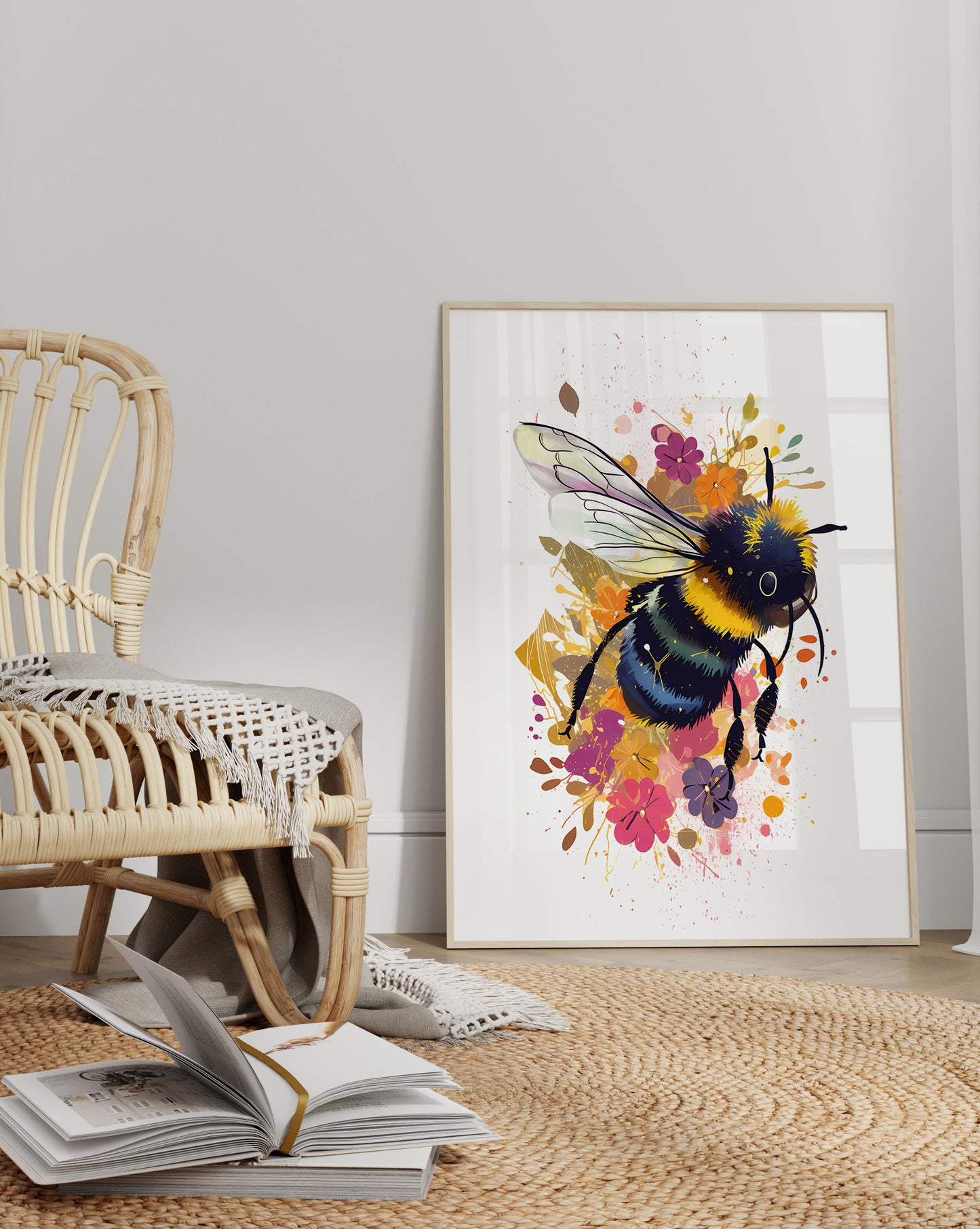 Colorful Bumblebee Wall Art – Floral Bee Illustration Print