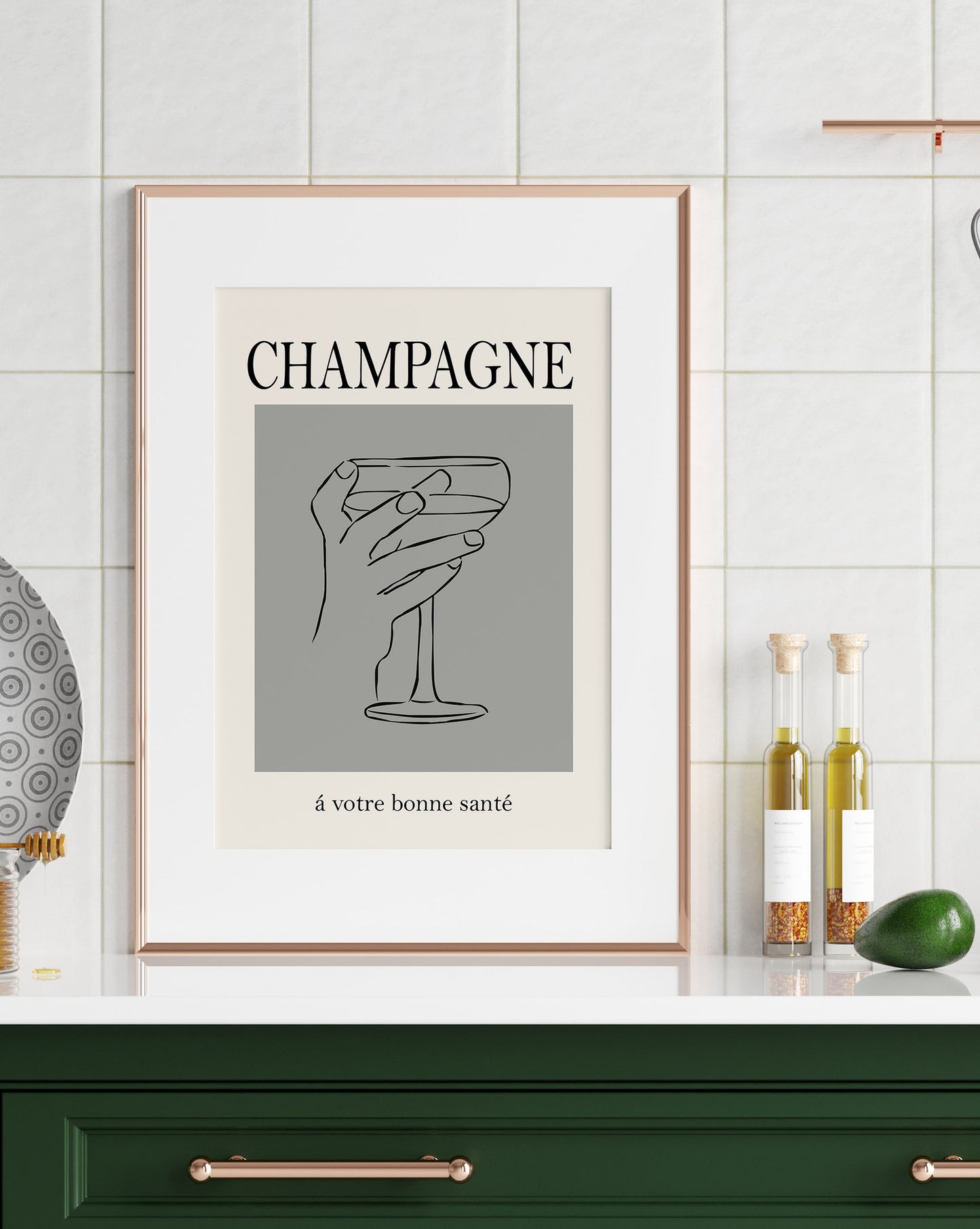 Champagne Wall Art – French Line Drawing with Toast Quote